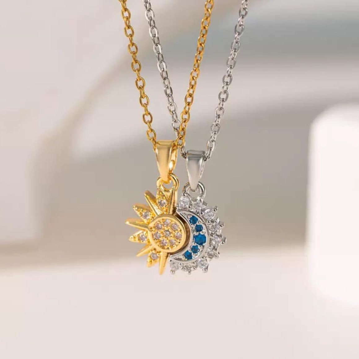 Sun & Moon Couple Necklace Set - Gold & Silver Crystal Pendant Necklaces for Couples, Best Friends, Matching Jewelry Gift